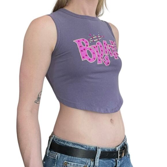 Bratz Purple Graphic Sequin Cropped Cutout Open Tie Back Tank Top - Picture 2 of 7